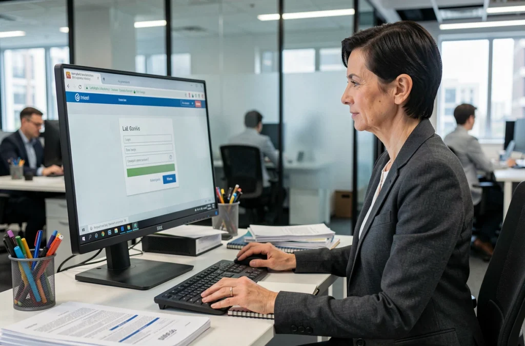 Femme professionnelle en train de se connecter à un espace utilisateur sur un grand écran dans un bureau en open space