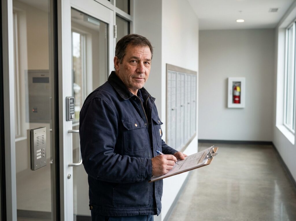 Gardien de copropriété inspectant le système de contrôle d'accès et l'interphone d'un immeuble résidentiel moderne