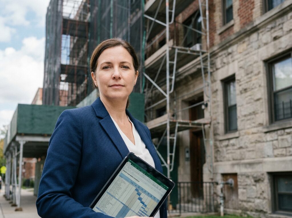 Gestionnaire de copropriété devant un immeuble en rénovation consultant le calendrier des travaux pluriannuels sur tablette