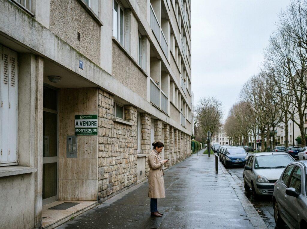 Façade d'immeuble résidentiel à Montrouge avec panneau à vendre et propriétaire consultant son téléphone