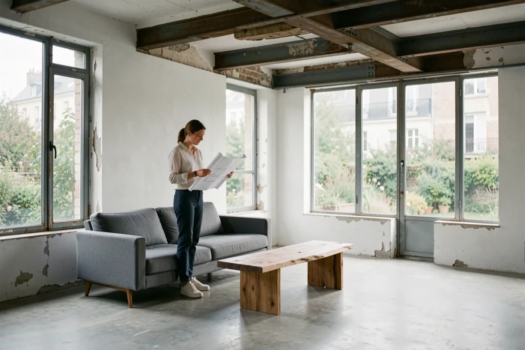 Loft moderne aménagé dans une ancienne maison abandonnée en Île-de-France avec poutres métalliques apparentes et grandes fenêtres industrielles