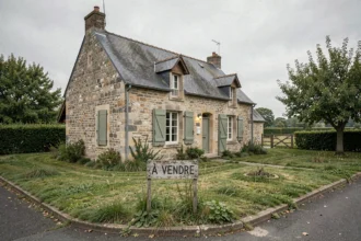 Maison normande en pierre à vendre dans la Manche avec panneau À Vendre dans le jardin, architecture régionale typique en granit et ardoise