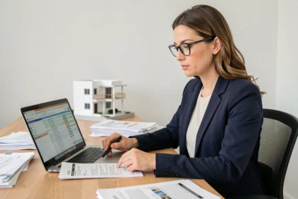 Marchand de bien débutante analysant des documents TVA immobiliers à son bureau