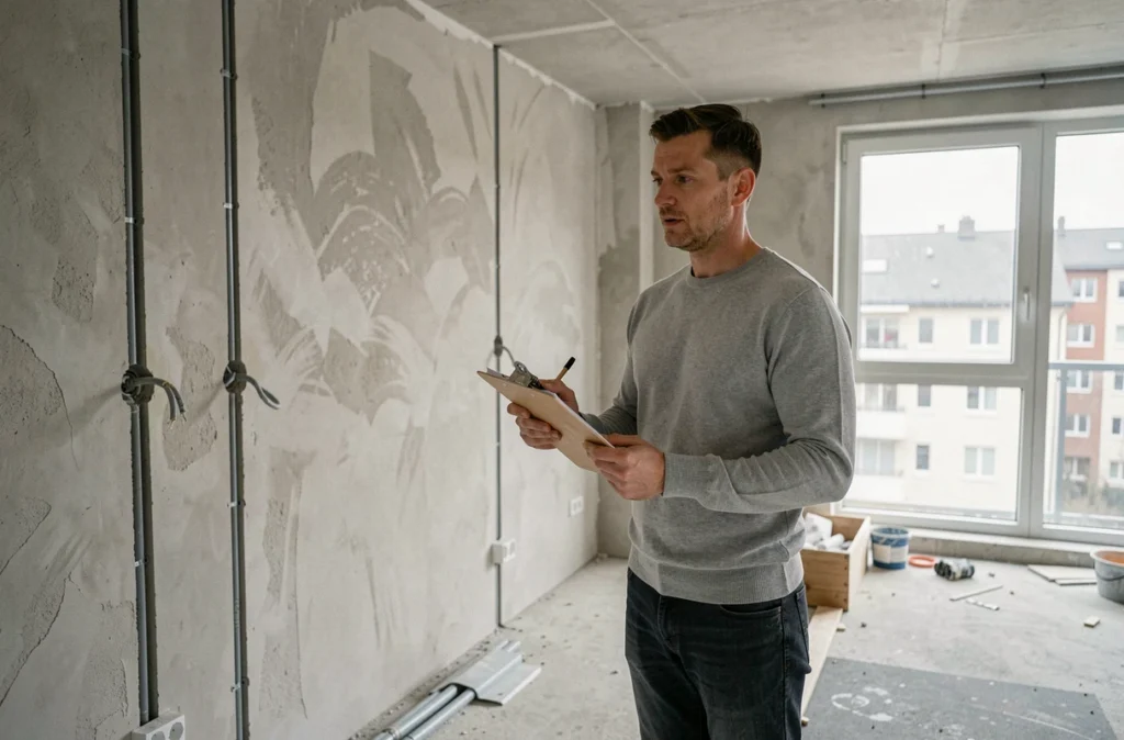 Marchand de bien évaluant un bien immobilier en rénovation pour anticiper la TVA sur la marge