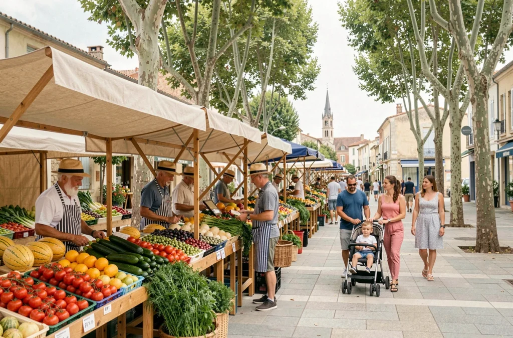 Marché provençal animé dans un quartier résidentiel calme et sûr de Fréjus avec étals de fruits et légumes locaux