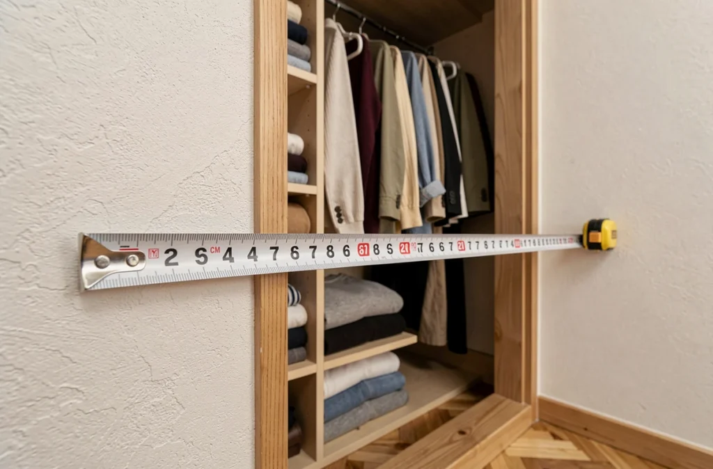 Mesure au mètre ruban de la largeur d'un placard dans une petite chambre pour déterminer son inclusion dans le calcul de surface