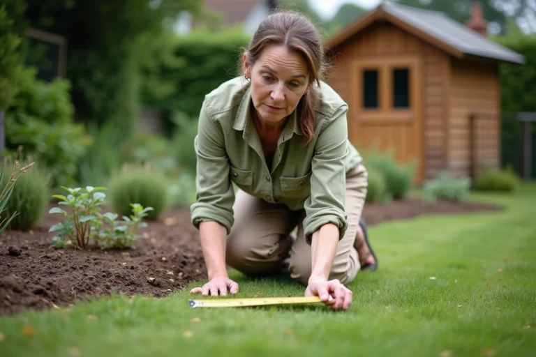 Femme mesurant la surface de son jardin avec un mètre ruban pour convertir des ares en mètres carrés