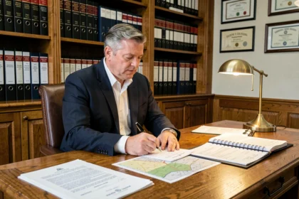 Notaire examinant des documents fonciers et des actes de propriété dans son étude professionnelle