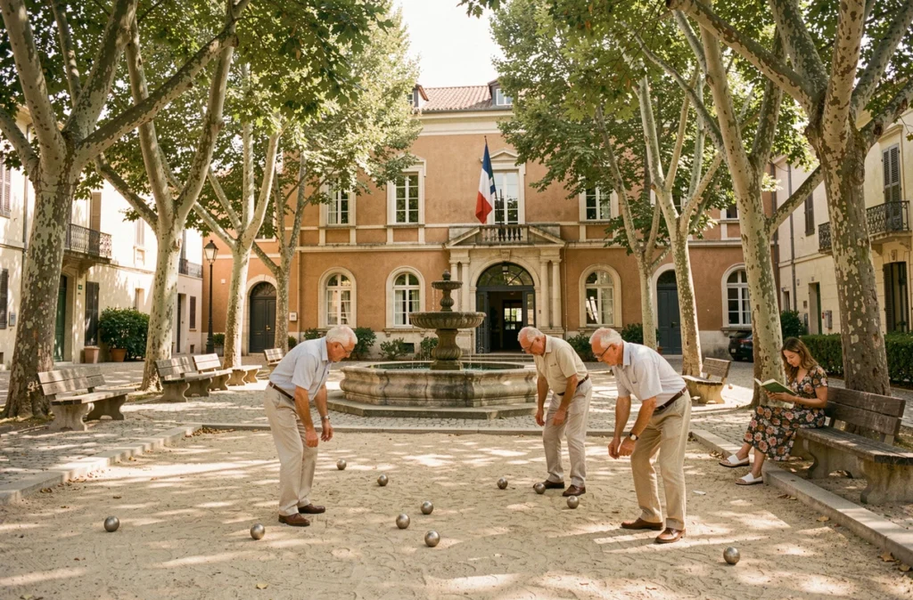 Place publique animée et sécurisée dans un quartier tranquille de Fréjus avec des joueurs de pétanque et une fontaine provençale
