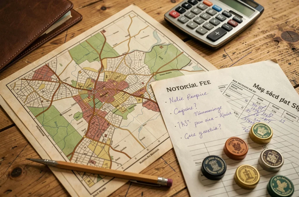Plan cadastral et feuille de calcul des frais de notaire sur une table de travail professionnelle