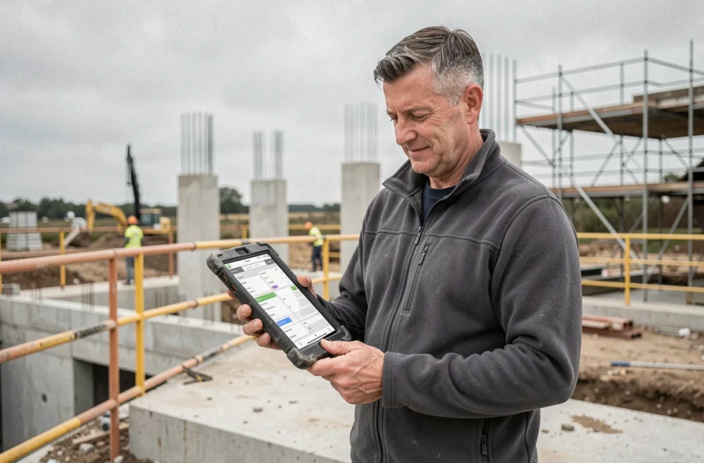 Professionnel sur chantier utilisant TIMIM sur tablette pour la gestion de terrain en conditions réelles