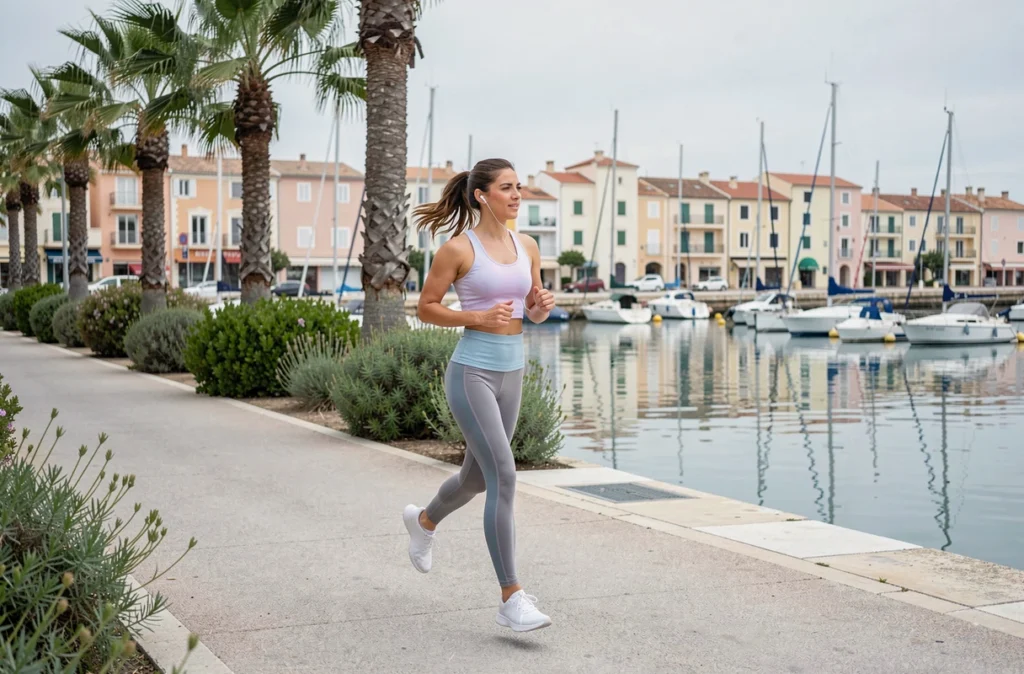Femme faisant du jogging sur une promenade balnéaire paisible dans un quartier sécurisé et calme proche de Fréjus