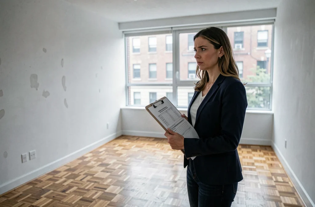 Propriétaire bailleurs dans un appartement vide tenant des devis d'assurance PNO pour comparer les tarifs