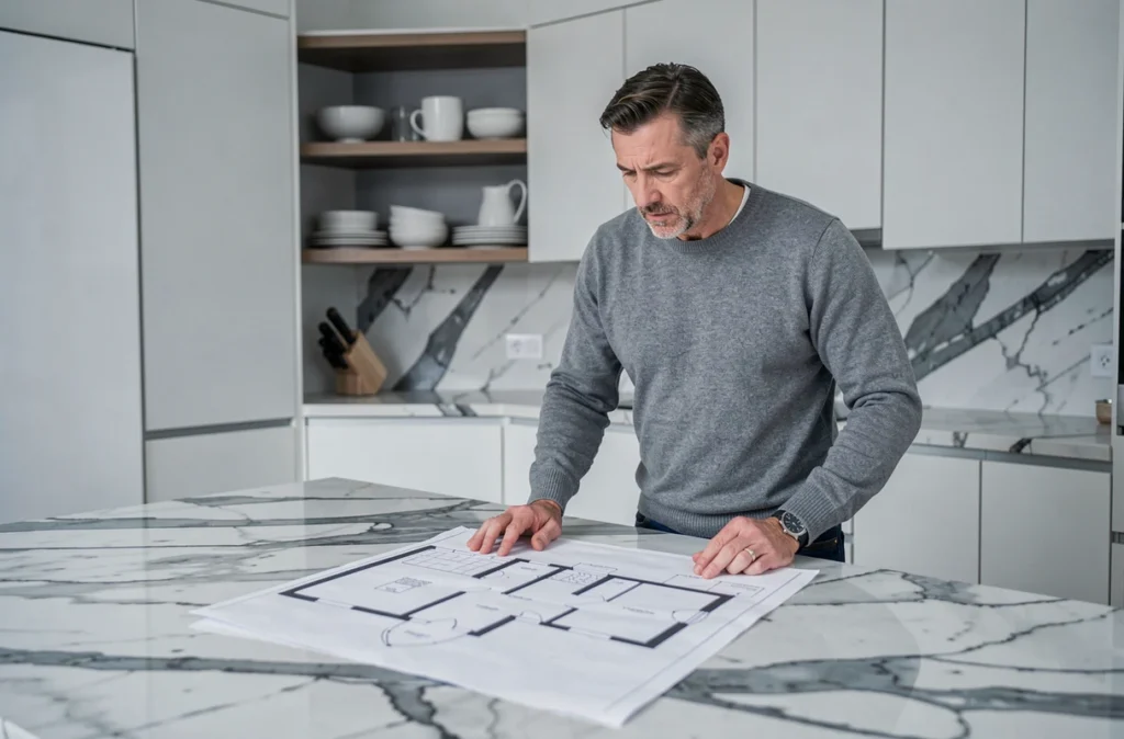 Propriétaire évaluant les plans de sa cuisine moderne pour déterminer si son logement est adapté à un tournage professionnel