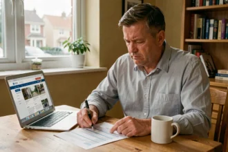 Propriétaire non occupant examinant ses documents d'assurance PNO à la maison pour vérifier s'il paie trop cher