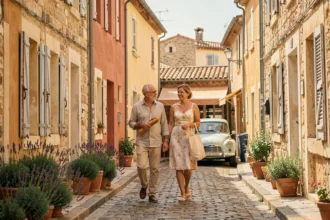 Rue calme et résidentielle de Fréjus avec un couple se promenant dans un quartier paisible aux facades provençales