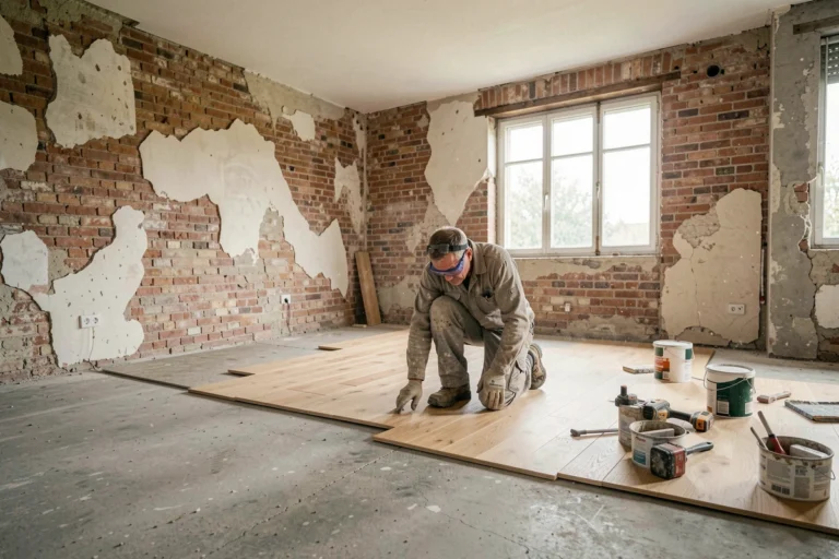 Rénovation intérieure d'une maison abandonnée en Île-de-France transformée en loft moderne avec murs en briques apparentes et sol en béton ciré