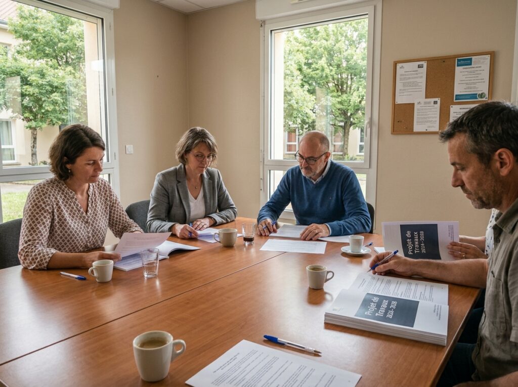 Réunion de copropriétaires autour d'un projet de plan pluriannuel de travaux dans une salle commune d'immeuble