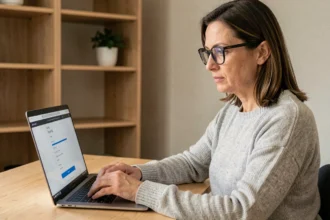 Femme sécurisant son compte Foncia en ligne depuis un bureau à domicile, paramètres de sécurité visibles sur l'écran de son ordinateur portable