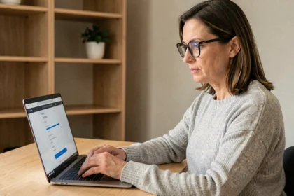 Femme sécurisant son compte Foncia en ligne depuis un bureau à domicile, paramètres de sécurité visibles sur l'écran de son ordinateur portable