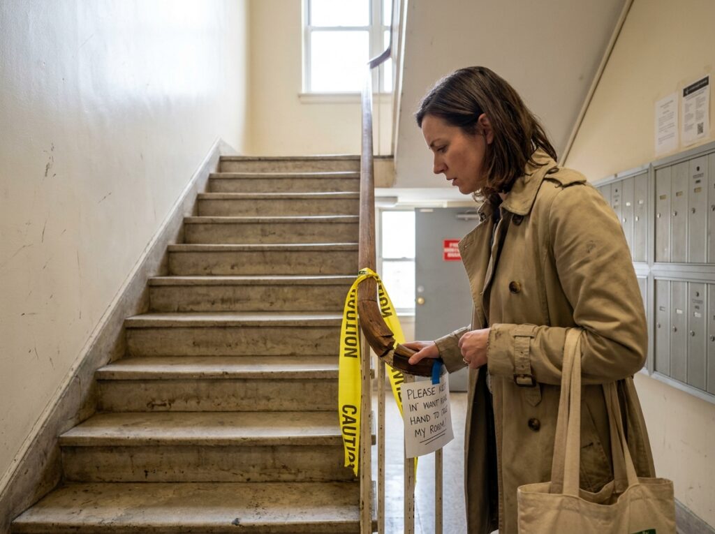 Résidente d'un immeuble en copropriété face à une rampe d'escalier endommagée signalée par un ruban de sécurité jaune