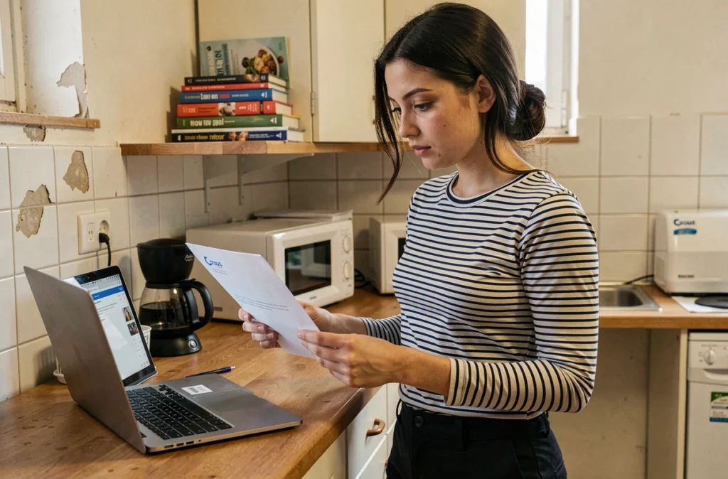 Jeune femme vérifiant son code locataire Crous en comparant un courrier officiel avec les informations affichées sur son ordinateur portable dans sa cuisine
