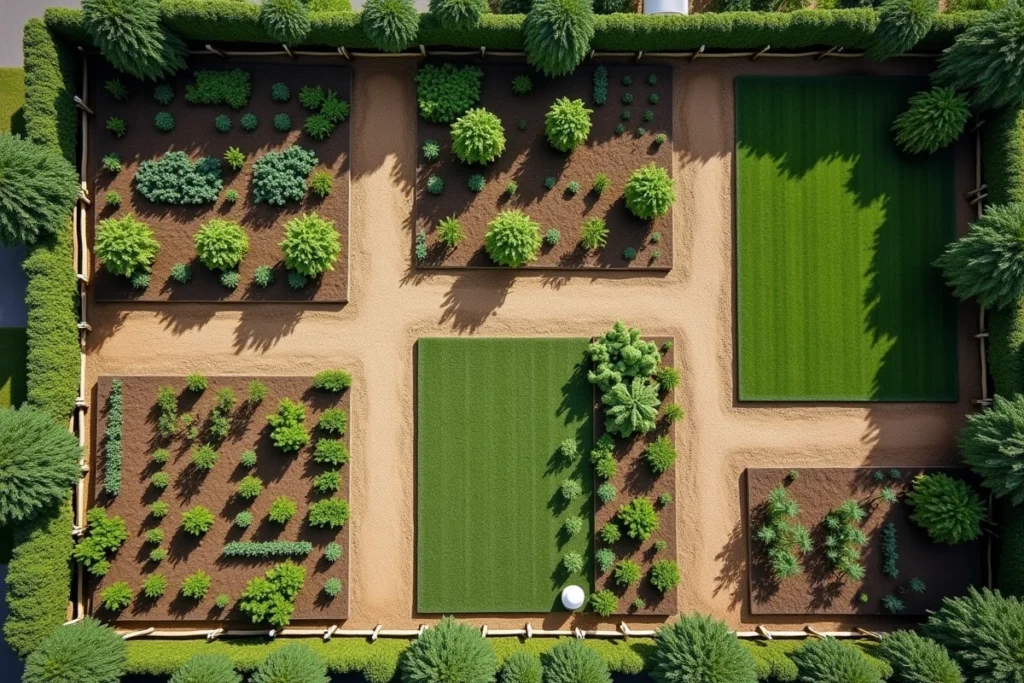 Vue aérienne d'un jardin subdivisé en parcelles pour illustrer la conversion d'ares en mètres carrés