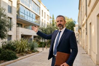 Agent immobilier ARE Immo devant une résidence moderne à Montpellier dans le département de l'Hérault