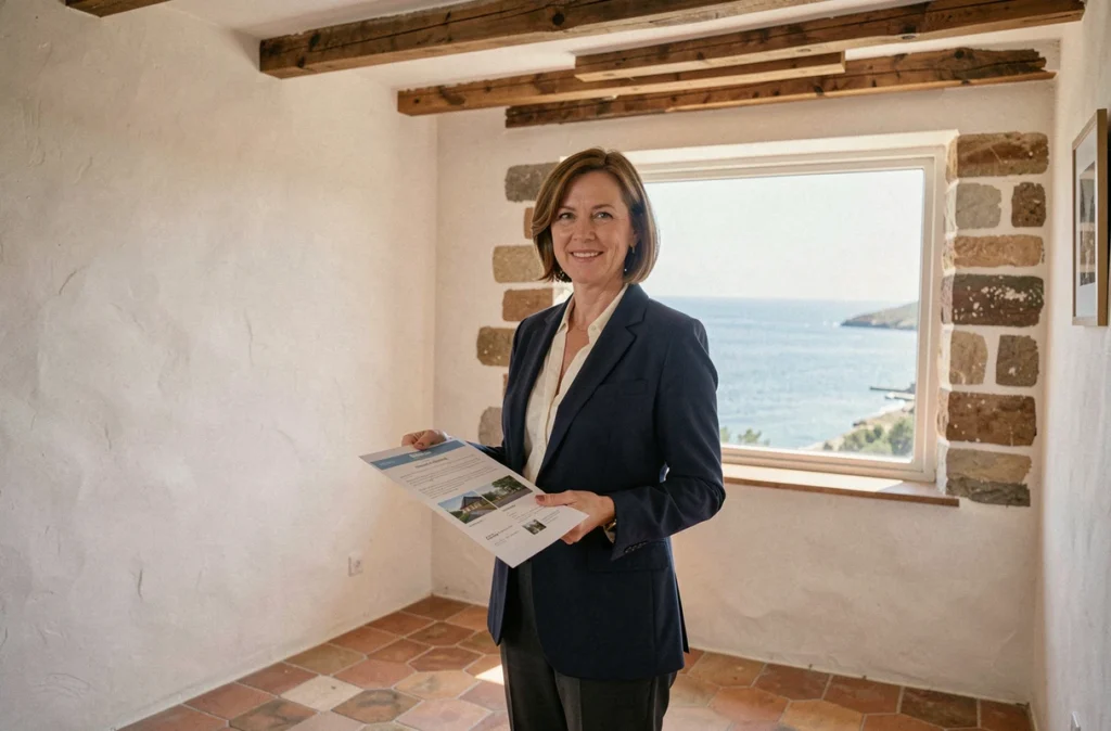 Agent immobilier présentant une petite maison normande vue mer avec documents de financement à petit apport