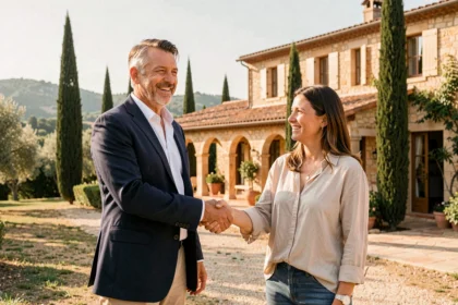 Agent immobilier serrant la main d'un couple devant une villa méditerranéenne dans l'Hérault