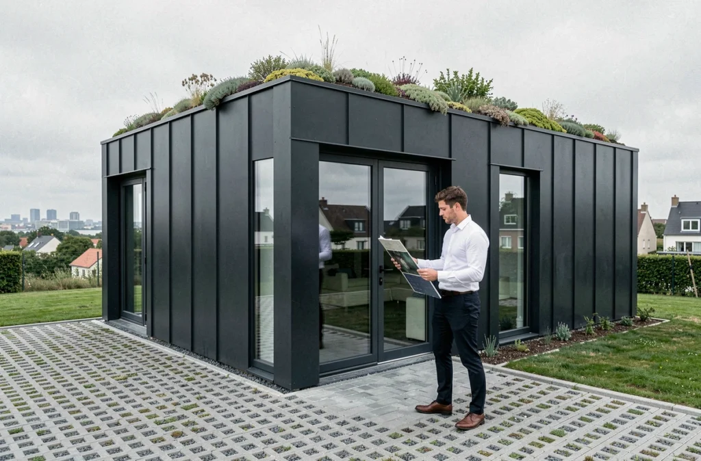 Maison écologique contemporaine avec bardage anthracite et toiture végétalisée illustrant les constructions de BEE Construction à Nantes