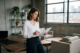 Femme d'affaires dans un bureau en bail court évaluant le mobilier professionnel loué et acheté