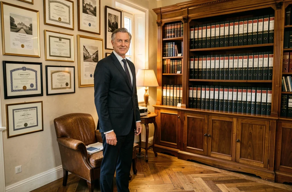 Professionnel du Cabinet Ledoux dans une réception classique avec boiseries et certificats immobiliers encadrés