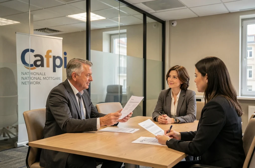 Conseiller Cafpi Toulouse lors d'une réunion de courtage en prêt immobilier avec des clients