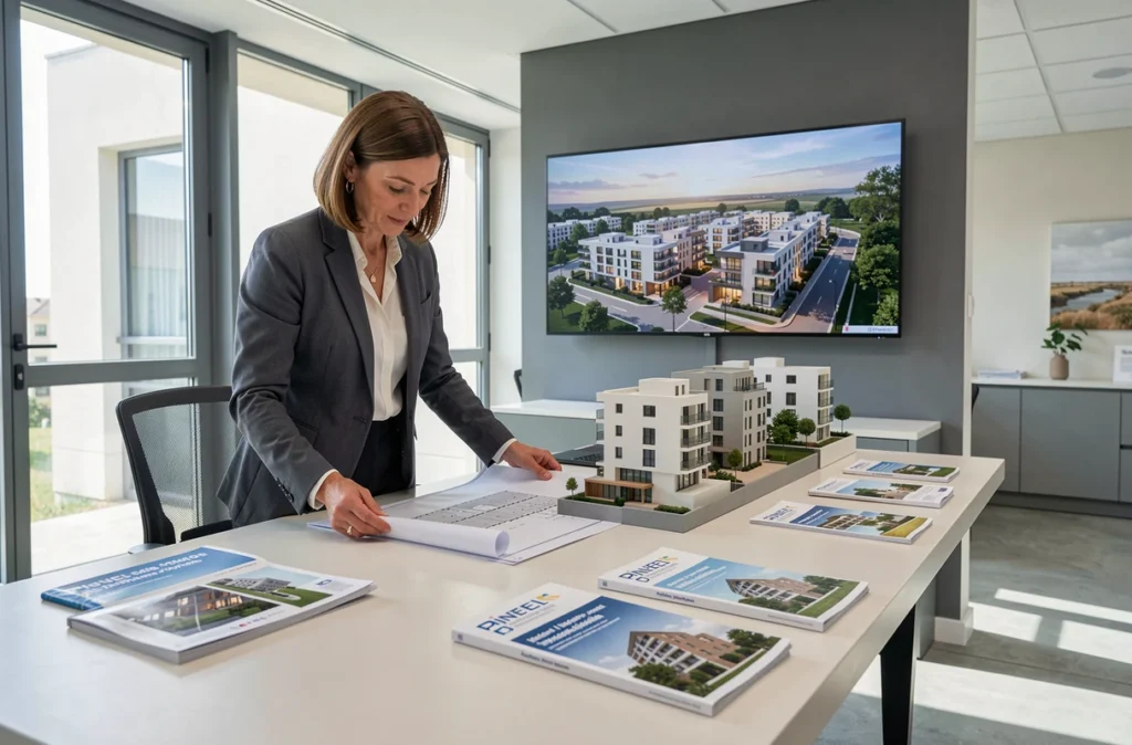 Conseillère spécialiste de l'immobilier neuf présentant des plans de résidence et le dispositif Pinel à Montpellier