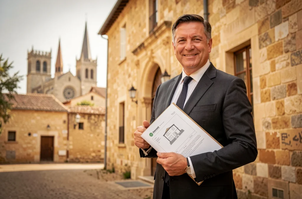Agent immobilier Century 21 devant un immeuble historique à Béziers dans l'ouest héraultais