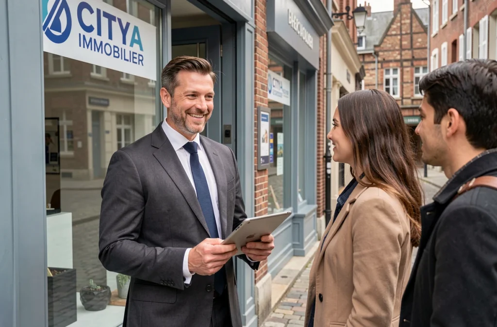 Agent Citya Immobilier accueillant des clients devant une agence du Nord avec architecture flamande en arrière-plan