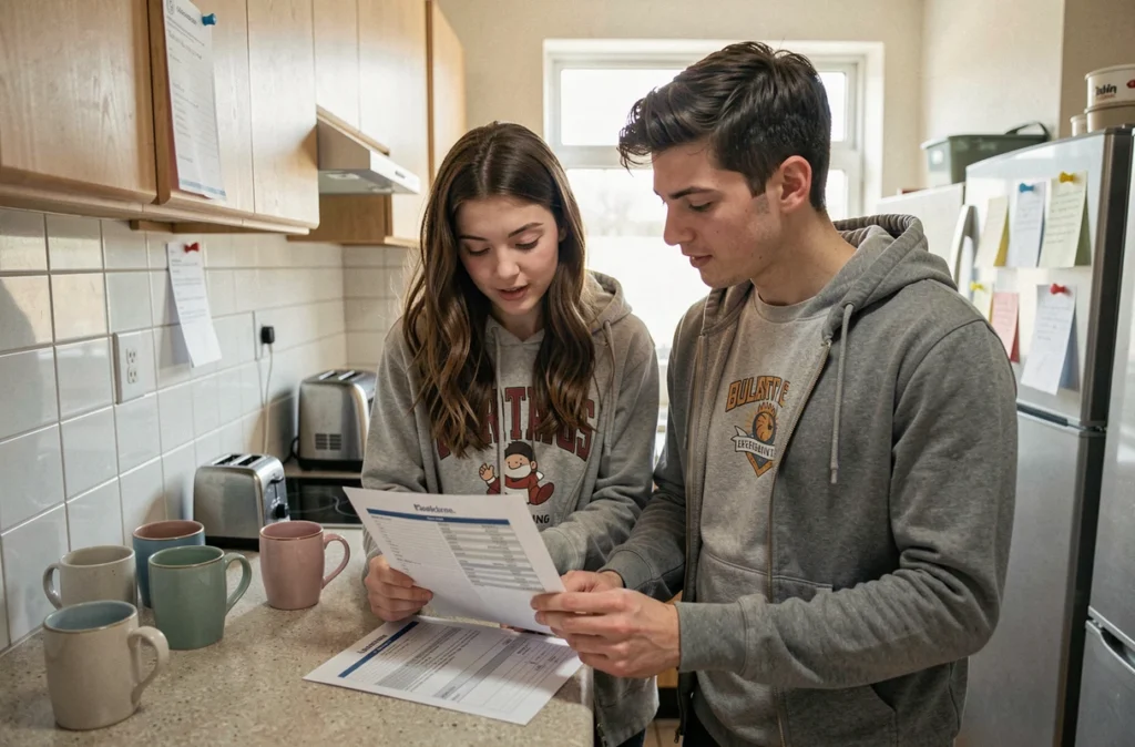 Deux colocataires étudiants consultant un contrat d'assurance pour leur appartement meublé