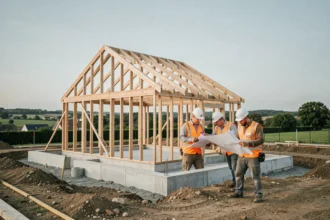 Chantier de construction d'une maison individuelle en périphérie de Nantes avec une équipe de constructeurs étudiant des plans architecturaux