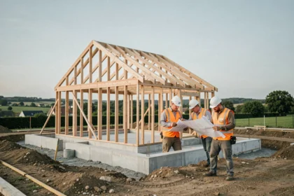 Chantier de construction d'une maison individuelle en périphérie de Nantes avec une équipe de constructeurs étudiant des plans architecturaux