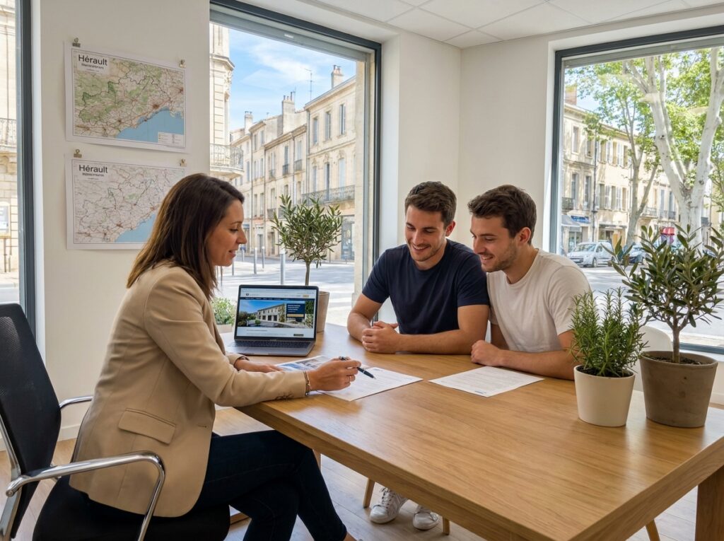 Consultante immobilière ARE Immo en rendez-vous conseil avec un couple de clients dans une agence du département 34