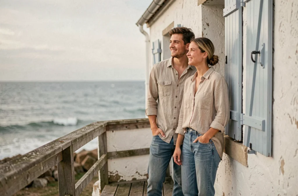 Couple de jeunes acquéreurs visitant une petite maison à vendre en Normandie avec vue sur la mer