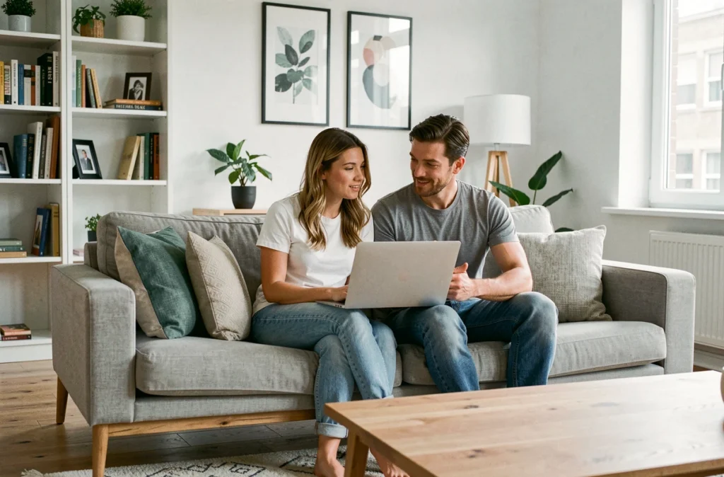 Couple choisissant ensemble leur assurance habitation sur un ordinateur portable dans leur salon