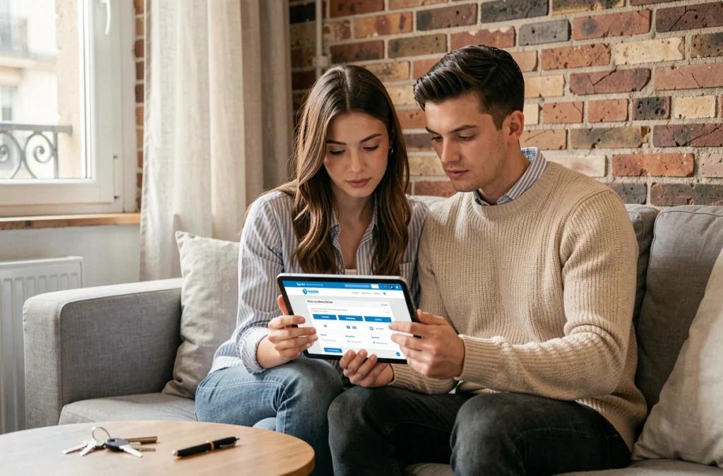 Couple comparant des assurances habitation en ligne depuis leur salon à Bondy