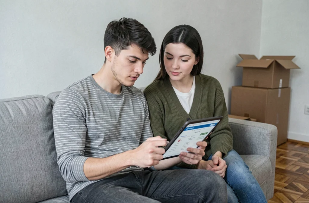 Couple de locataires comparant des offres d'assurance habitation sur une tablette dans un appartement vide