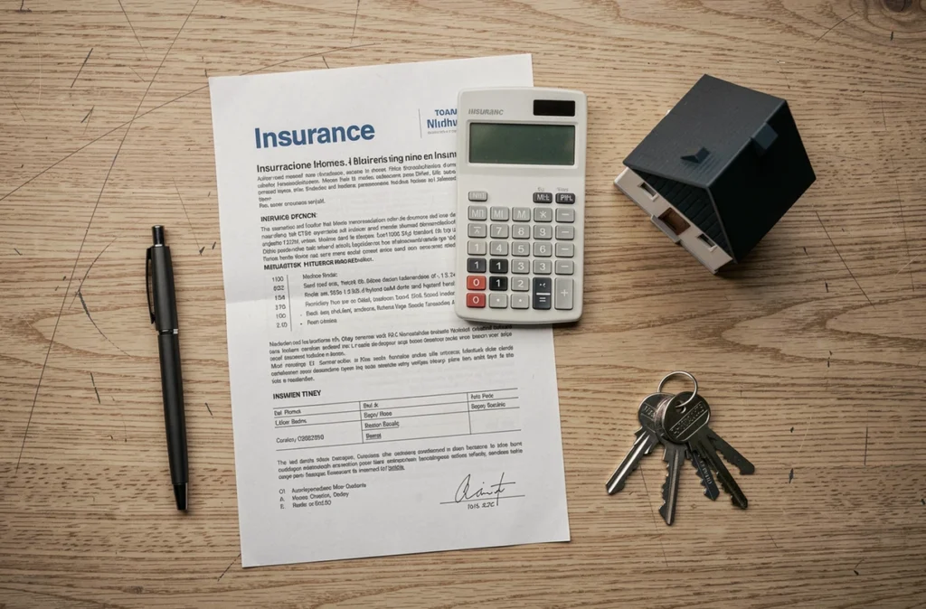 Vue aérienne des documents d'assurance habitation avec clés et calculatrice sur bureau en bois