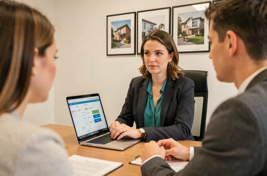Courtière Empruntis Toulouse présentant une simulation de crédit immobilier sur ordinateur portable