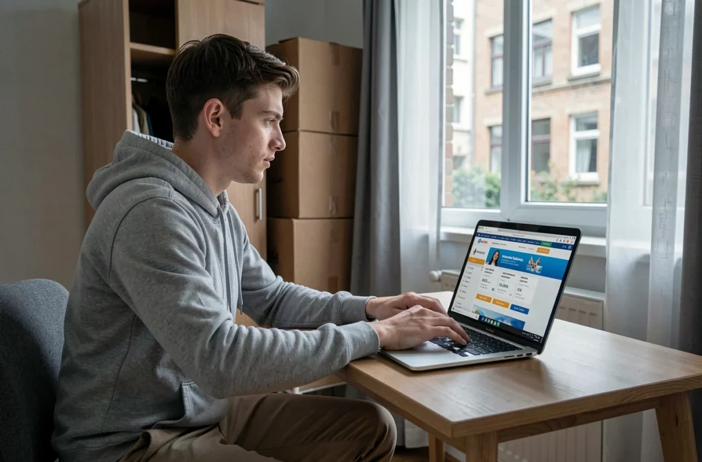 Étudiant comparant des offres d'assurance habitation meublée sur son ordinateur portable
