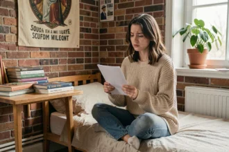 Étudiante lisant son contrat d'assurance logement meublé dans son studio étudiant