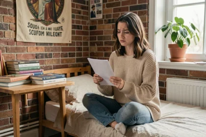 Étudiante lisant son contrat d'assurance logement meublé dans son studio étudiant